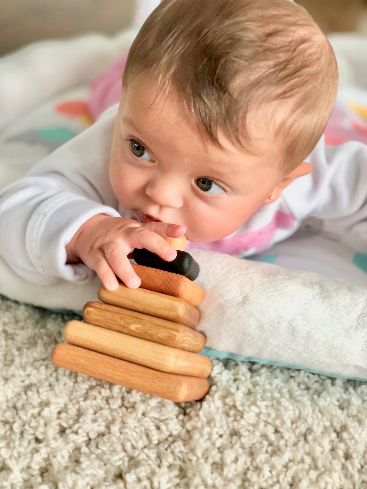 Wooden stacking toy in square shape from 6 types of wood