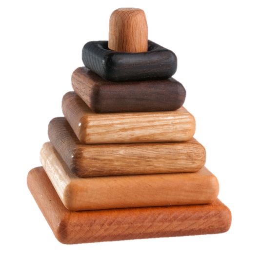 Wooden stacking toy in square shape from 6 types of wood