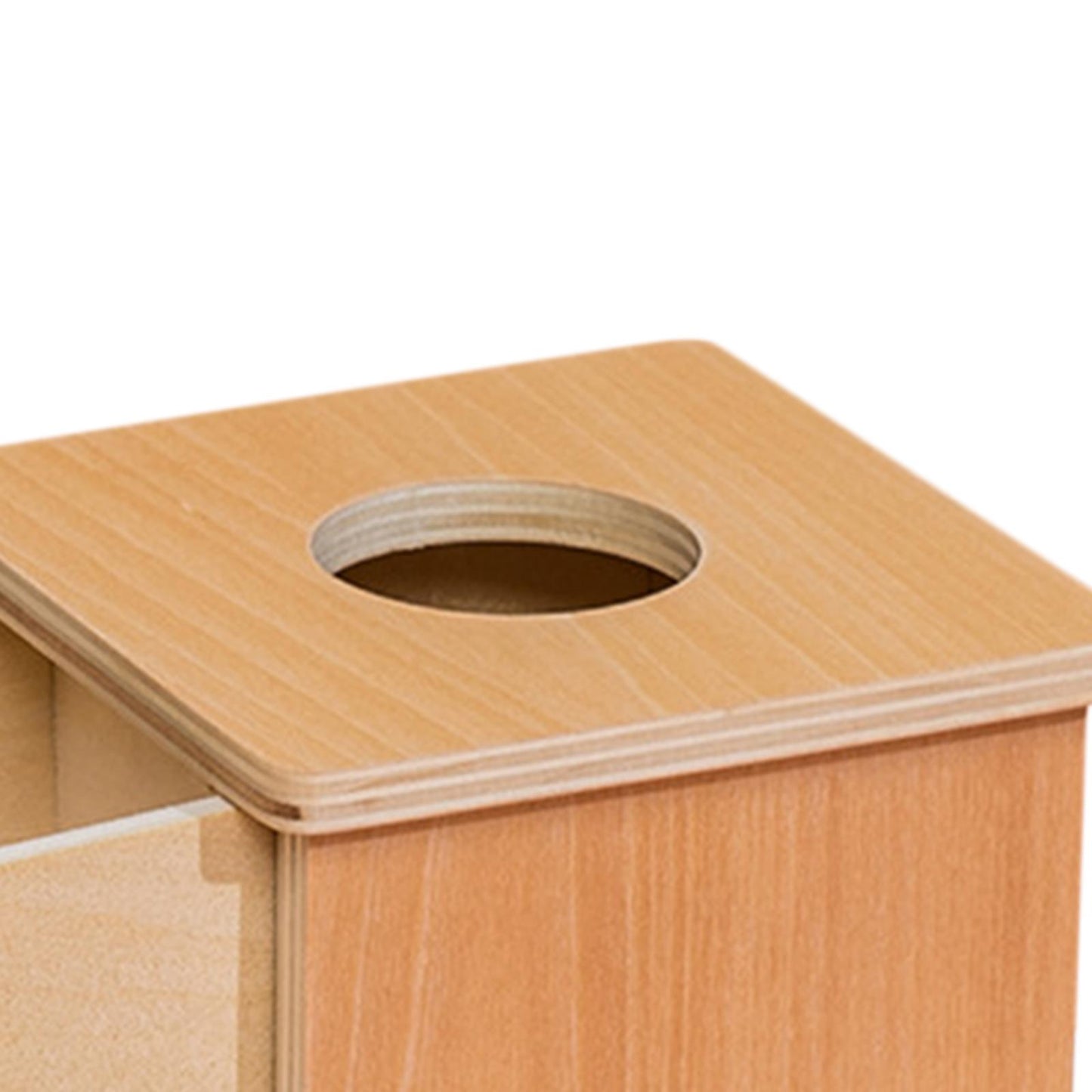 Top, circular slot on wooden object permanence box