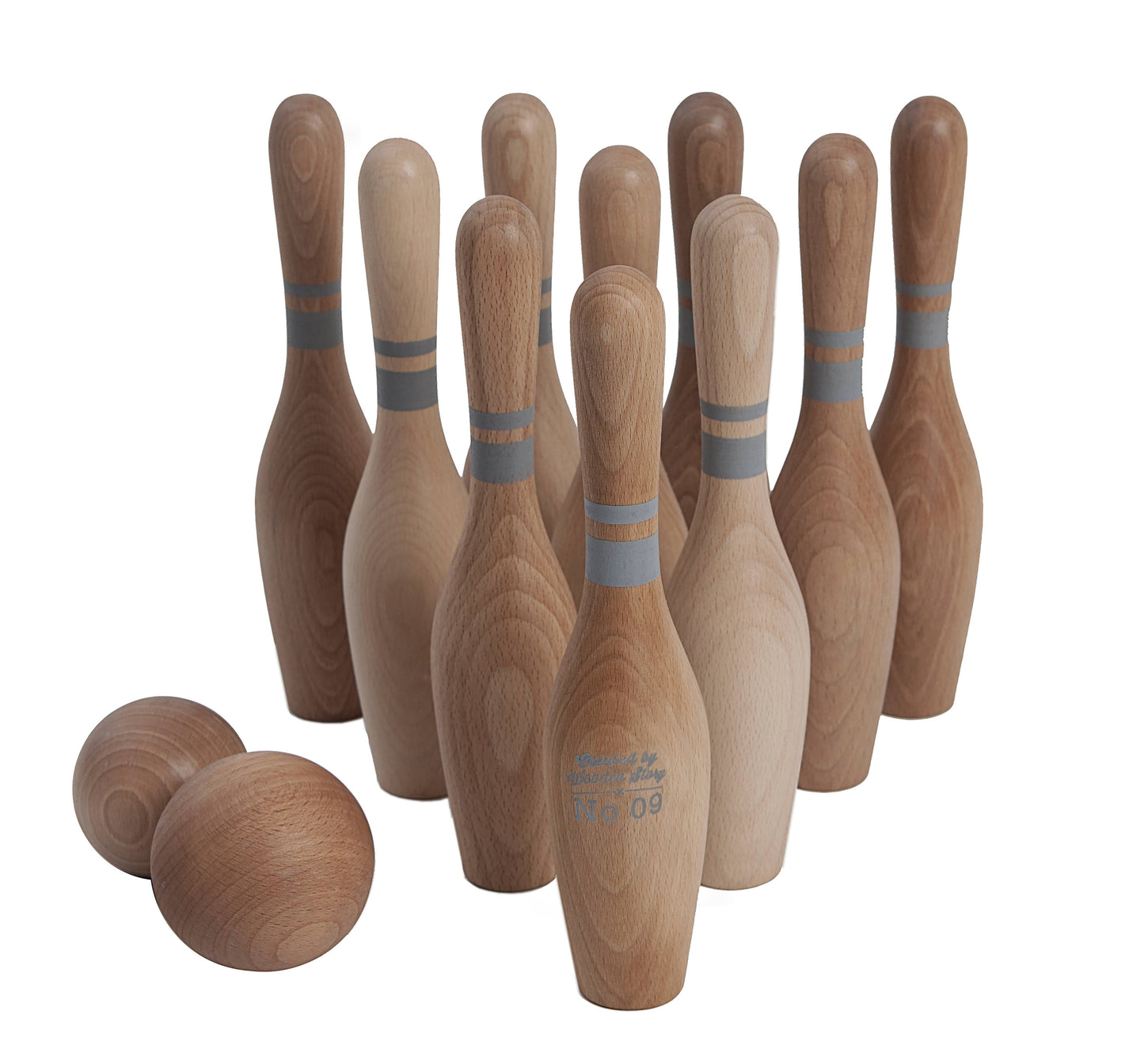 Wooden toy bowling set with ten pins and two balls