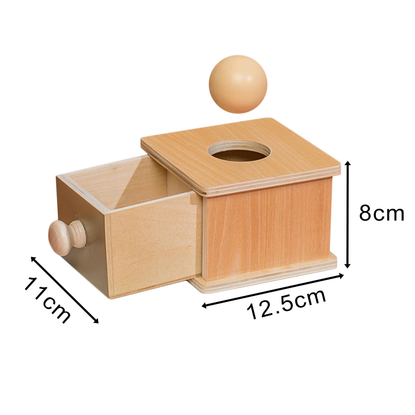 Wooden object permanence box, drawer open with ball hovering above and dimensions shown in picture (11cm x 12.5 cm x 8cm)