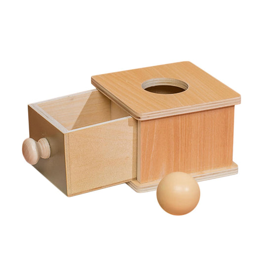 Wooden Object Permanence box, drawer open with ball
