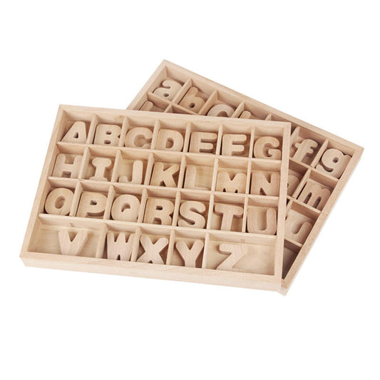 Wooden alphabet letter blocks in tray