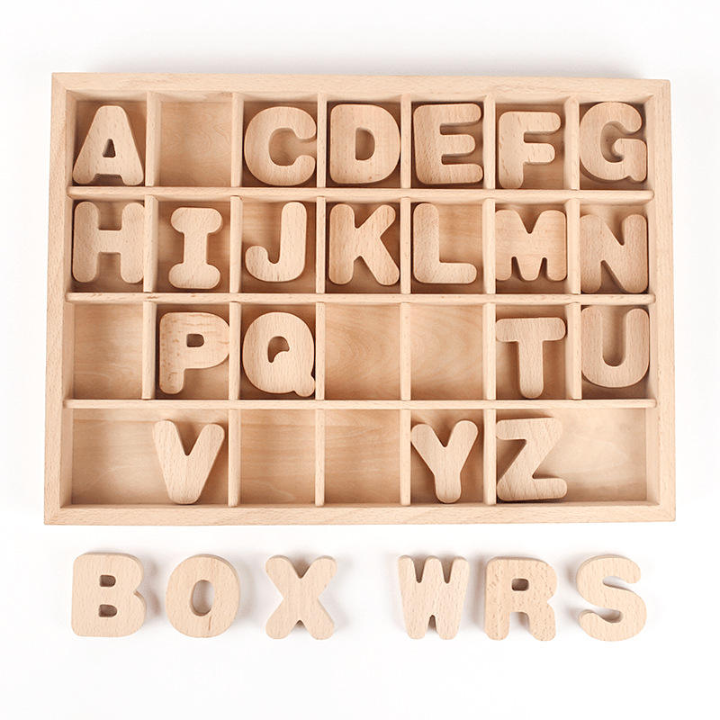 Wooden alphabet letter blocks and holding tray, upper case