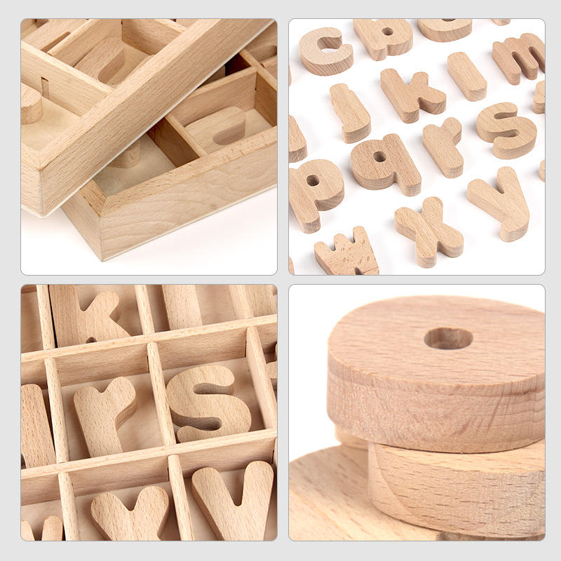 Four separate views of alphabet letter blocks and holding trays