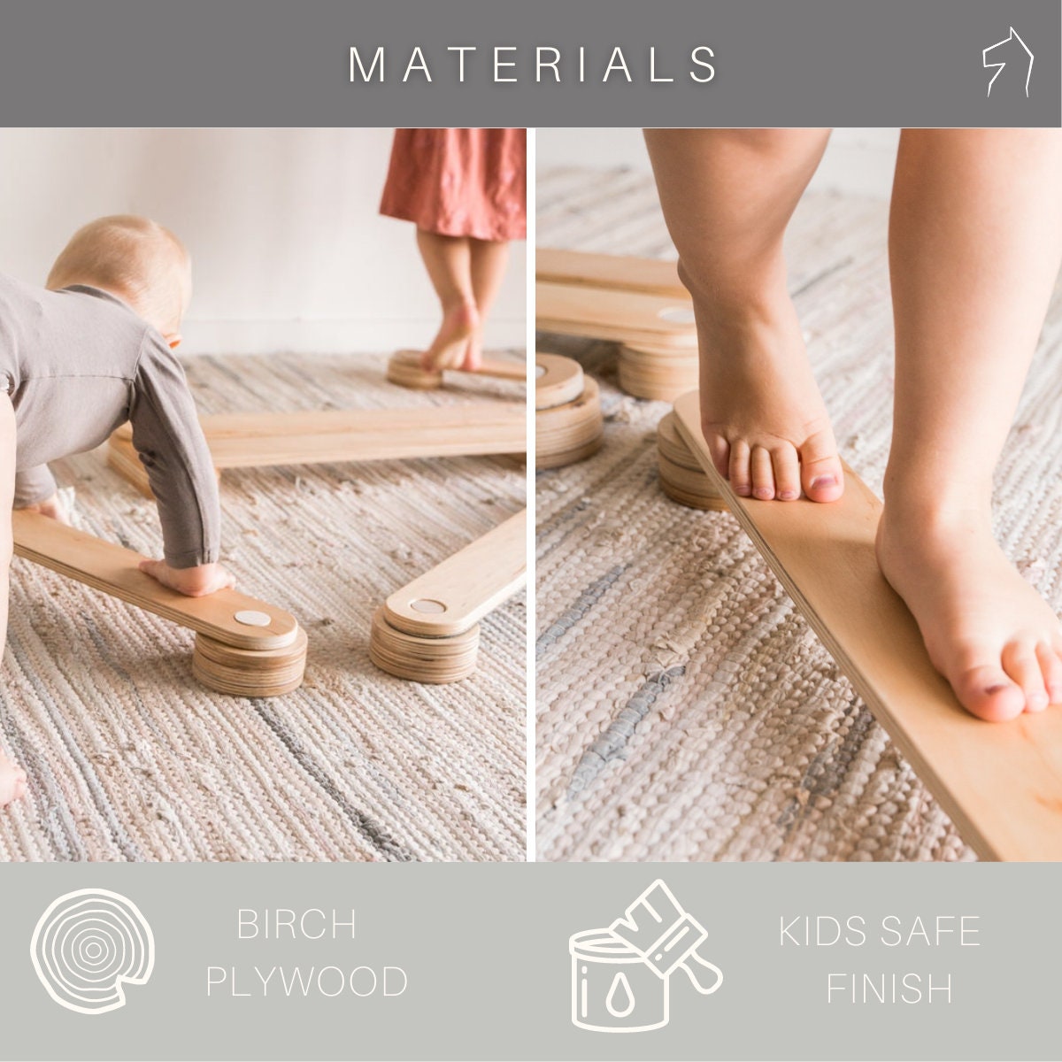 Two photos of children playing on wooden balance beam with text describing materials and finish