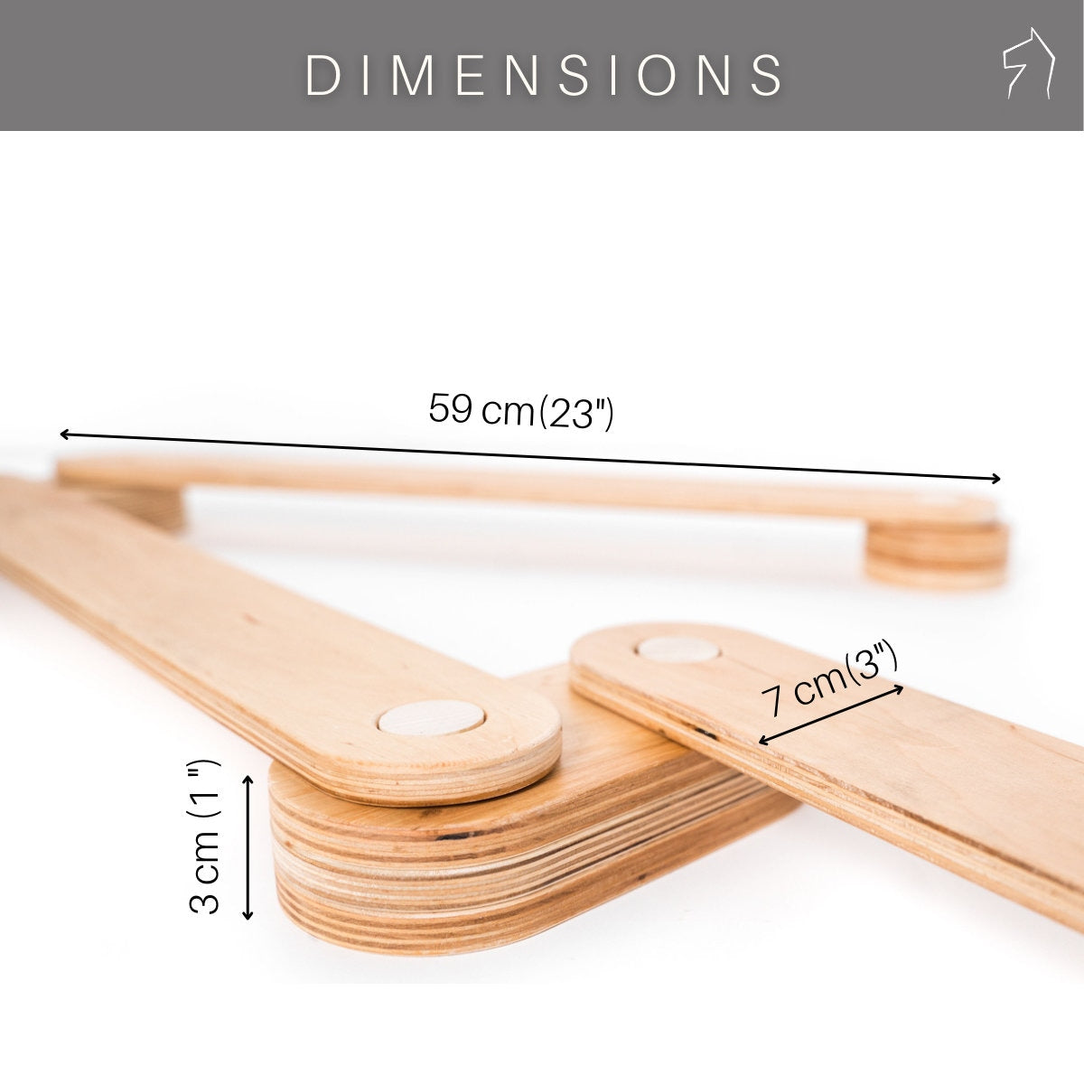 Wooden balance beam for children with text showing dimensions