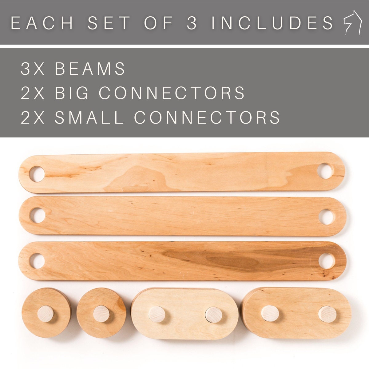 Pieces of wooden balance beam set for children with text describing pieces